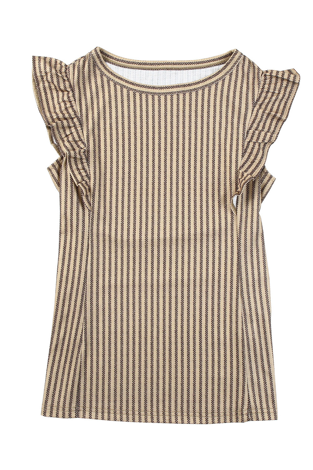 Khaki Striped Crew Neck Ruffled Tank Top - SELFTRITSS   