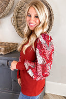 Fiery Red Contrast Mixed Animal Print Lantern Sleeve Patchwork Top - SELFTRITSS