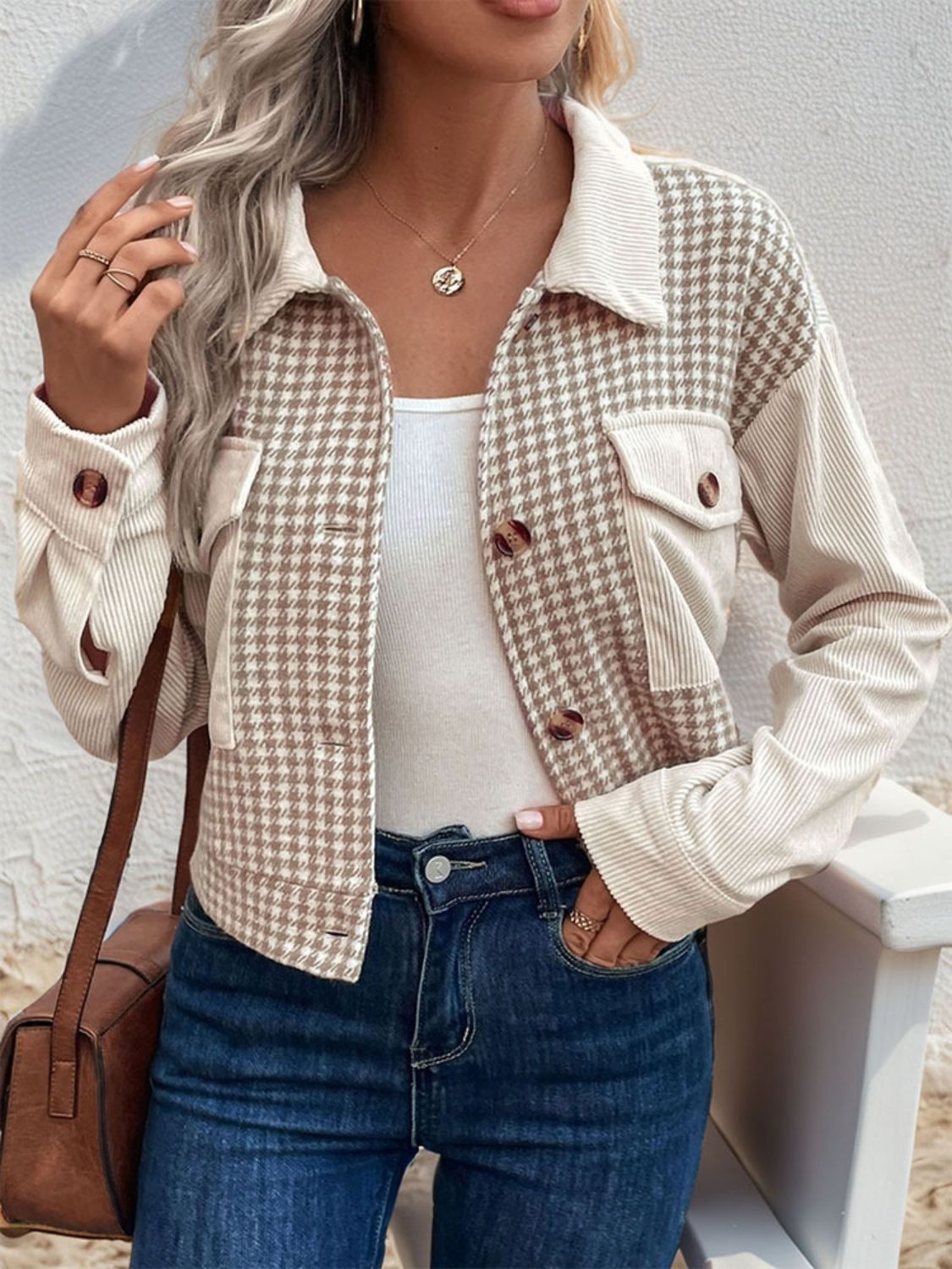 Plus Size Western Houndstooth Long Sleeve Jacket