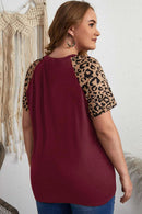 Burgundy Contrast Leopard Raglan Sleeve Plus Size T-shirt - SELFTRITSS