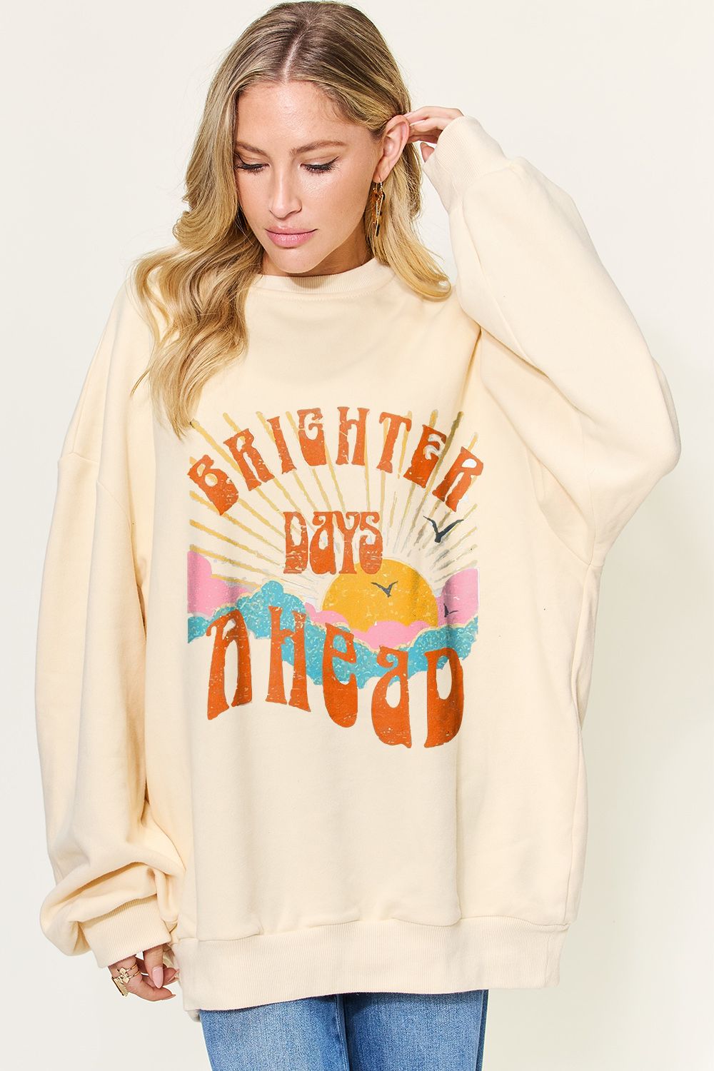 Simply Love Full Size BRIGHTER DAYS Graphic Drop Shoulder Oversized Sweatshirt - SELFTRITSS