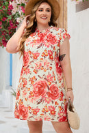 Fiery Red Plus Size Frilled Neck Ruffle Sleeveless Floral Dress - SELFTRITSS