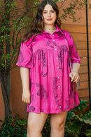 Rose Cheetah Print Half Sleeve Buttoned Plus Size Mini Dress - SELFTRITSS