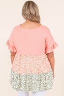 Pink Ruffled Short Sleeve Leopard Splicing Flowy Plus Size Top - SELFTRITSS   