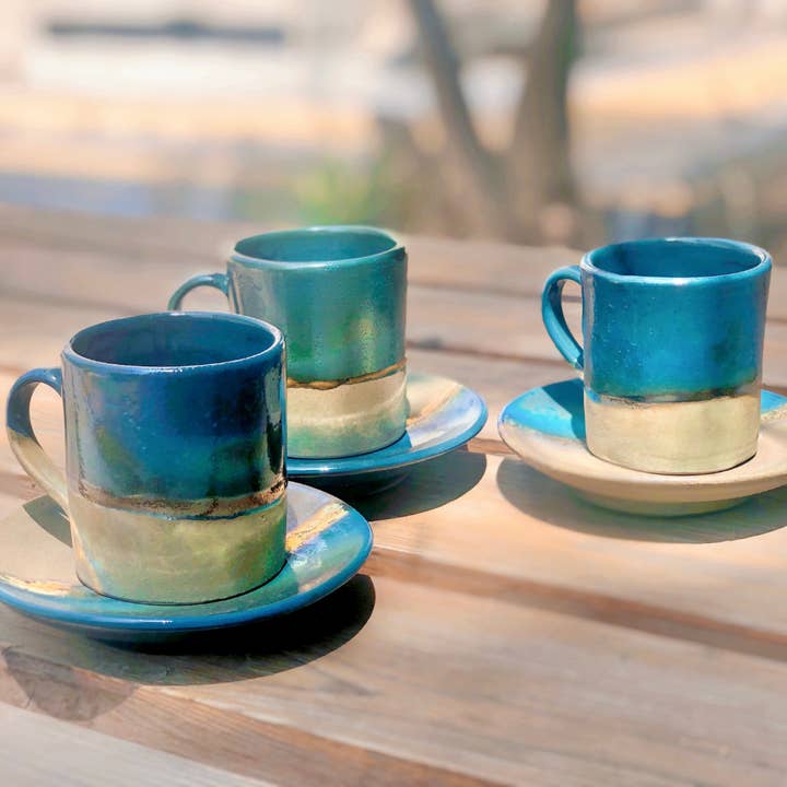 Green, Blue & Gold Coffee/Espresso Cup & Saucer Set of 4