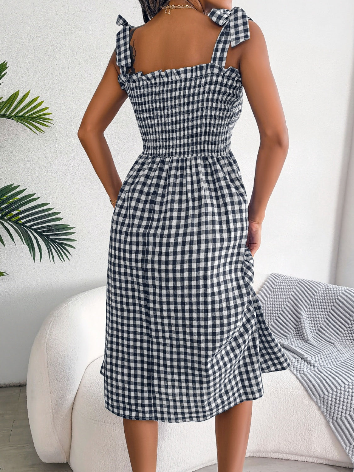 Frill Plaid Square Neck Midi Dress - SELFTRITSS   