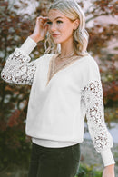 White Lace Splicing V Neck Puff Sleeve Top - SELFTRITSS