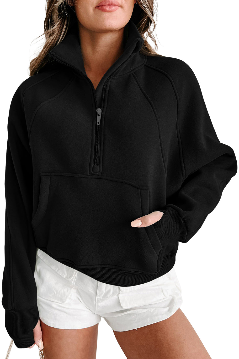 Black Zip Up Stand Collar Ribbed Thumbhole Sleeve Sweatshirt - SELFTRITSS