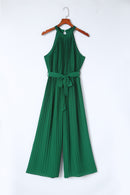 Green Halter Neck Pleated Wide Leg Jumpsuit with Belt - SELFTRITSS   