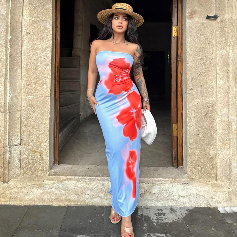 Slim Slit Tube Long Dress Summer Sexy Pint Party Beach Dresses Women's Clothing - SELFTRITSS   