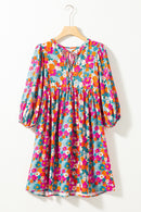 Sky Blue Floral Print Tie Split Neck Bubble Sleeve Babydoll Dress - SELFTRITSS