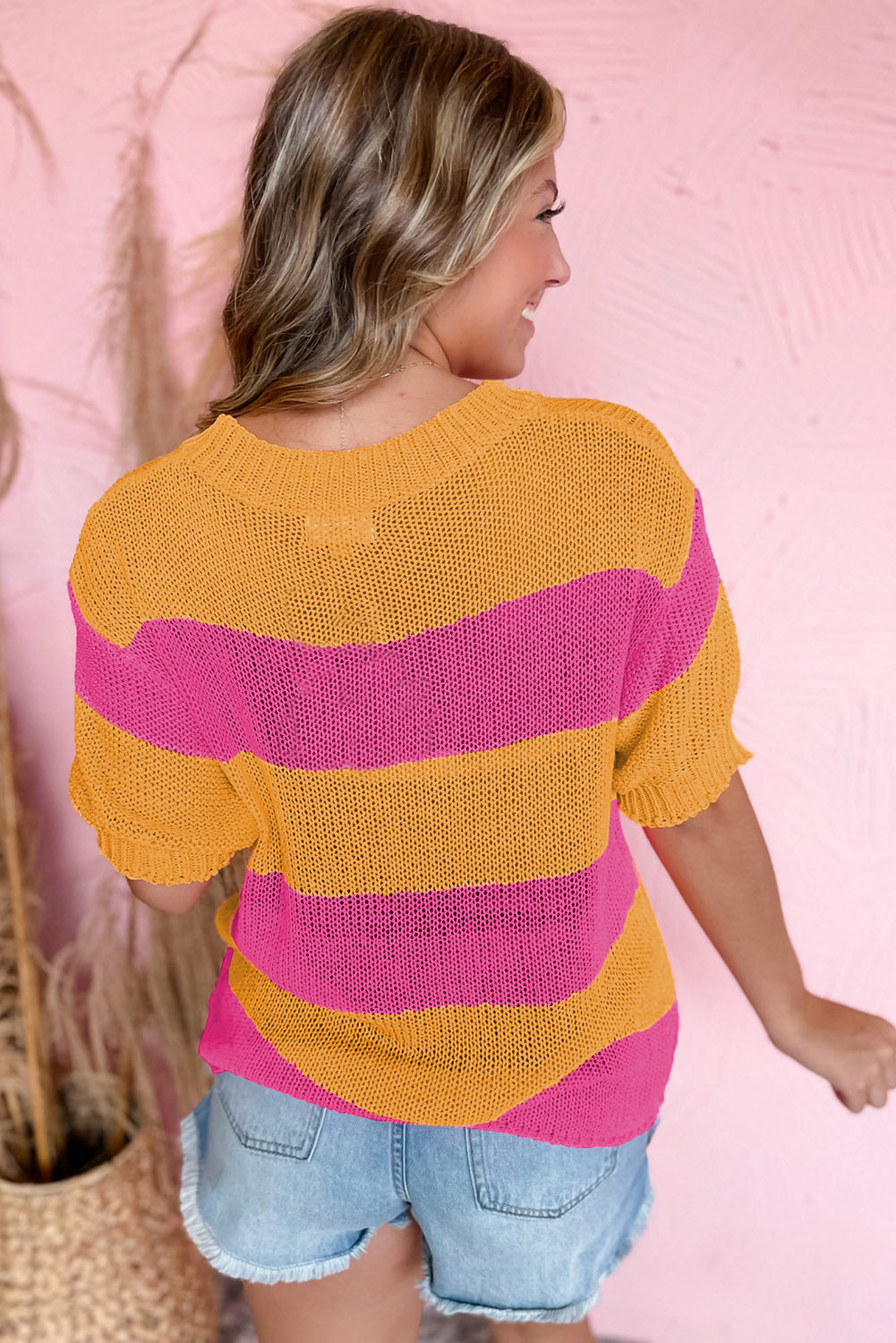 Orange Stripe Color Block Knitted T-shirt Sweater - SELFTRITSS   