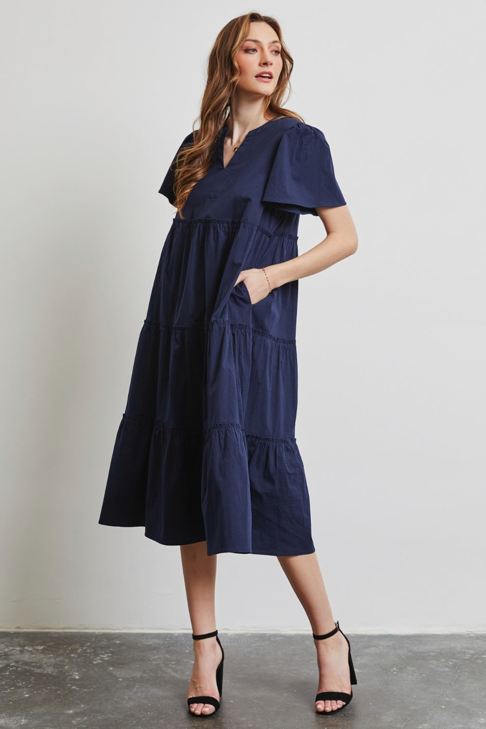 HEYSON Full Size Cotton Poplin Ruffled Tiered Midi Dress - SELFTRITSS