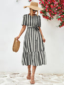 Striped Tie Belt Round Neck Puff Sleeve Dress - SELFTRITSS   