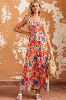Multicolor Vibrant Tropical Print Smocked Ruffle Tiered Maxi Dress - SELFTRITSS