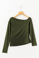 Green Asymmetrical Neckline Long Sleeve Knit Top - SELFTRITSS   