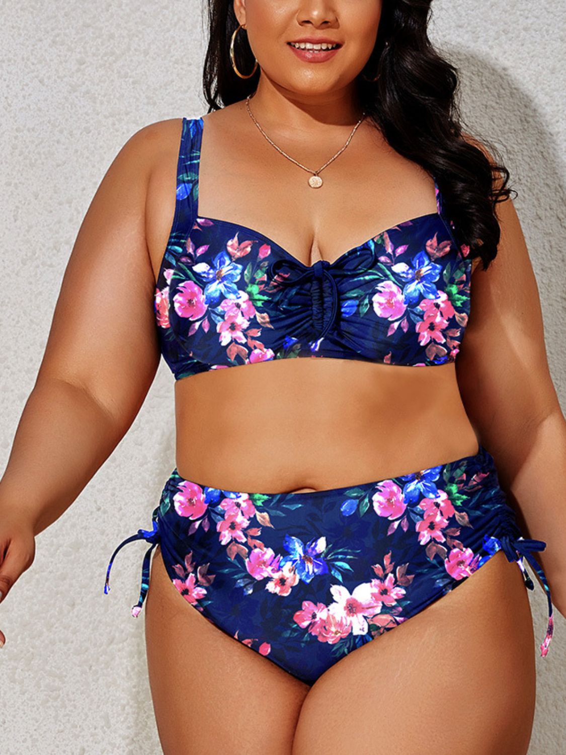 Plus Size Printed Drawstring Detail Bikini Set - SELFTRITSS   