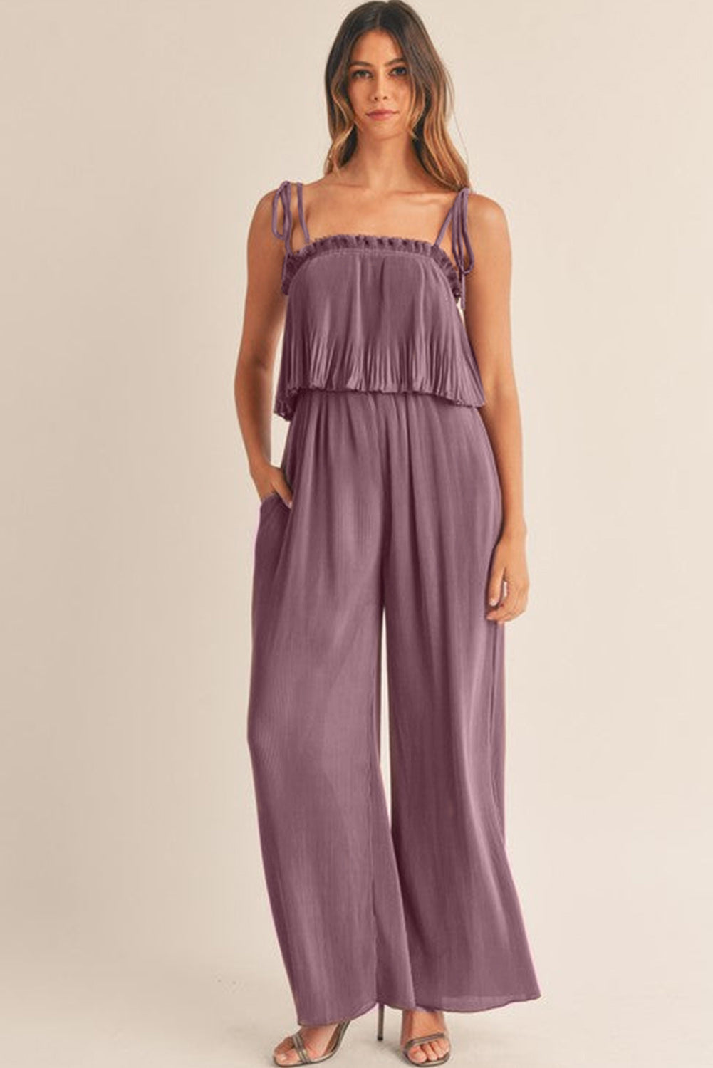 Rose Tan Solid Self Tied Straps Pleated Wide Leg Jumpsuit - SELFTRITSS   