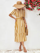 Striped Tie Belt Round Neck Puff Sleeve Dress - SELFTRITSS   