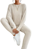 Apricot Ribbed Knit Loose Long Sleeve Top Skinny Pants Set - SELFTRITSS