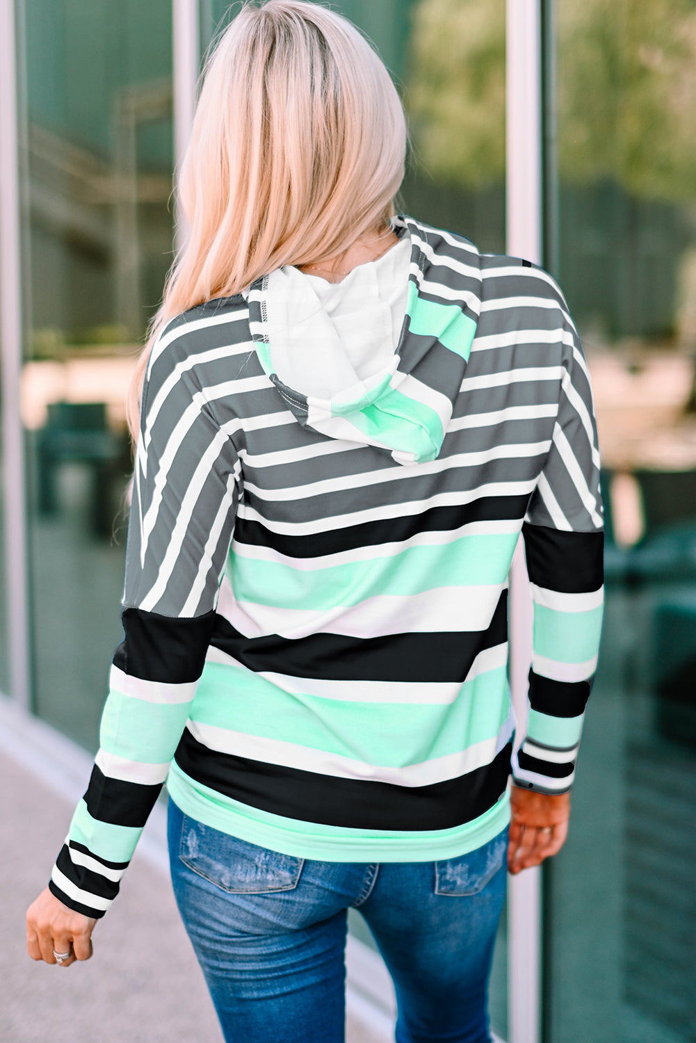 Green Striped Drawstring Long Sleeve Hoodie - SELFTRITSS