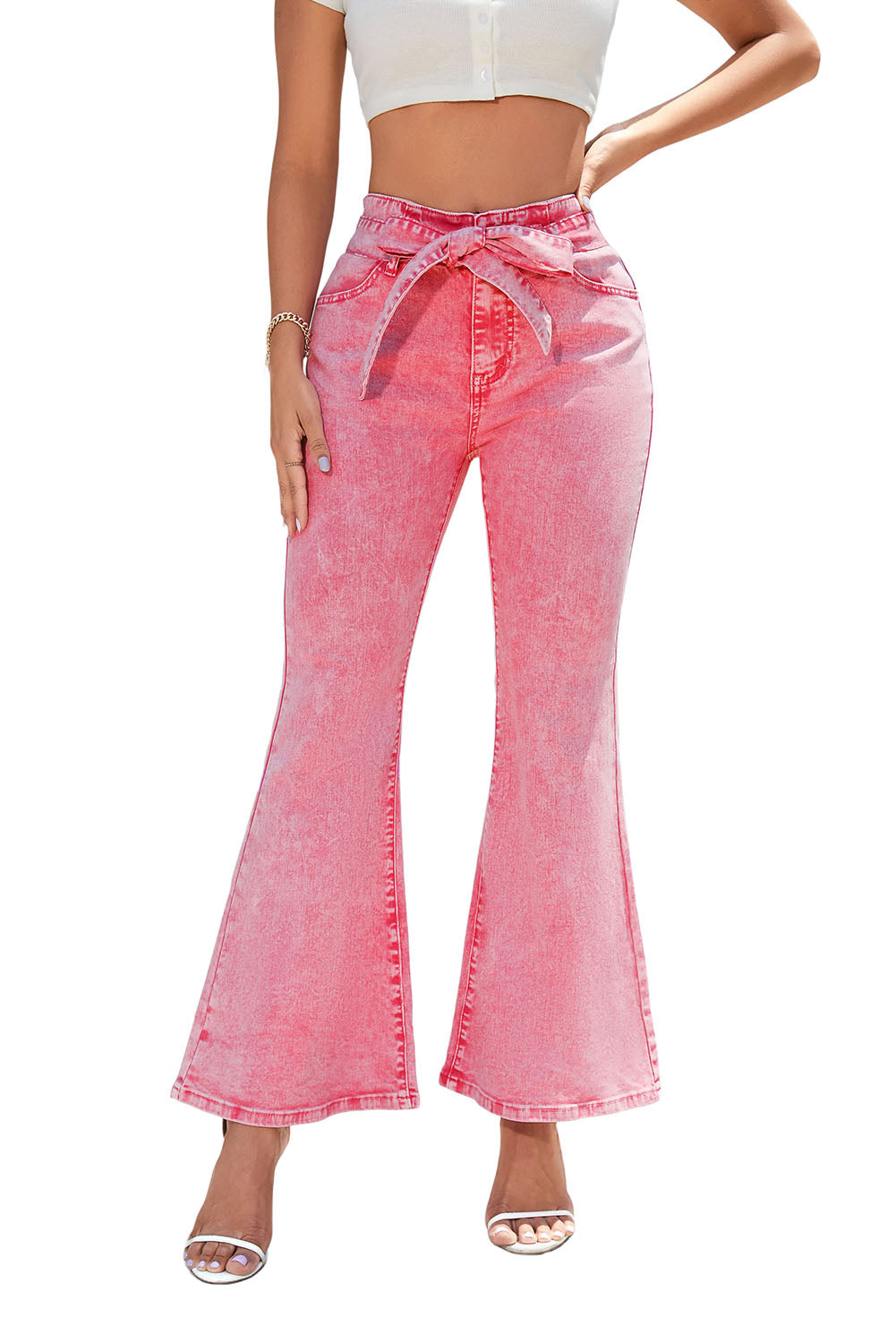 Pink Flare Leg High Waist Front Knot Casual Jeans - SELFTRITSS