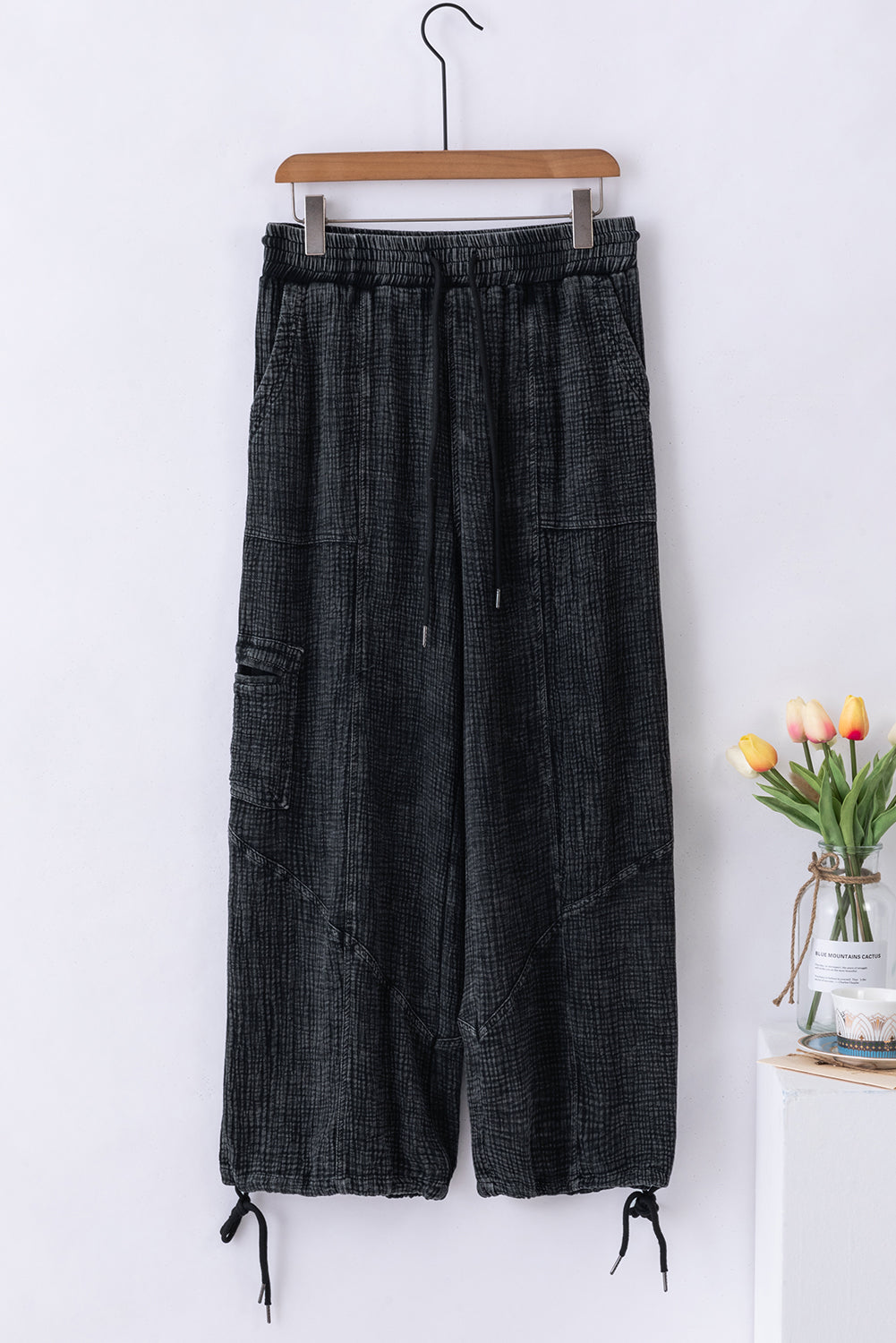 Black Mineral Wash Textured Drawstring Wide Leg Pants - SELFTRITSS