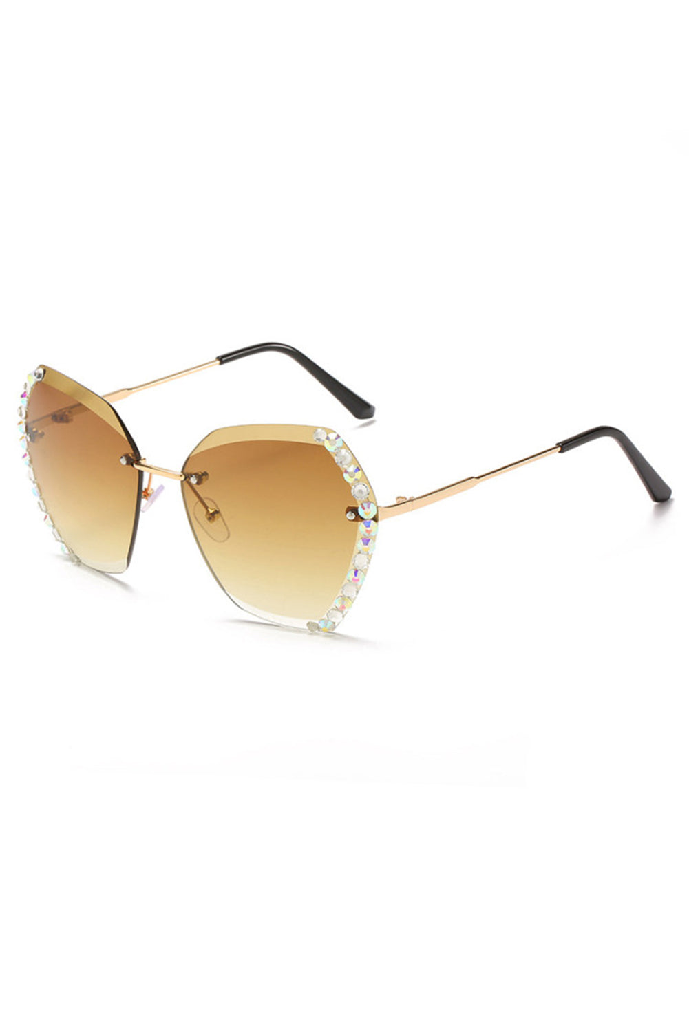 Brown Rhinestone Trim Rimless Sunglasses - SELFTRITSS