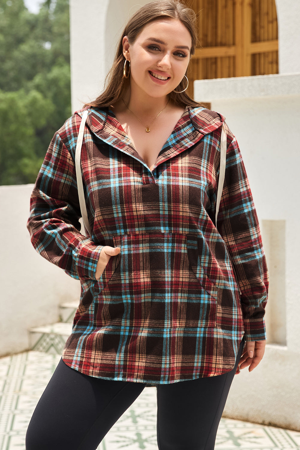 Fiery Red Plus Size Plaid Kangaroo Pocket Drawstring Hoodie - SELFTRITSS   