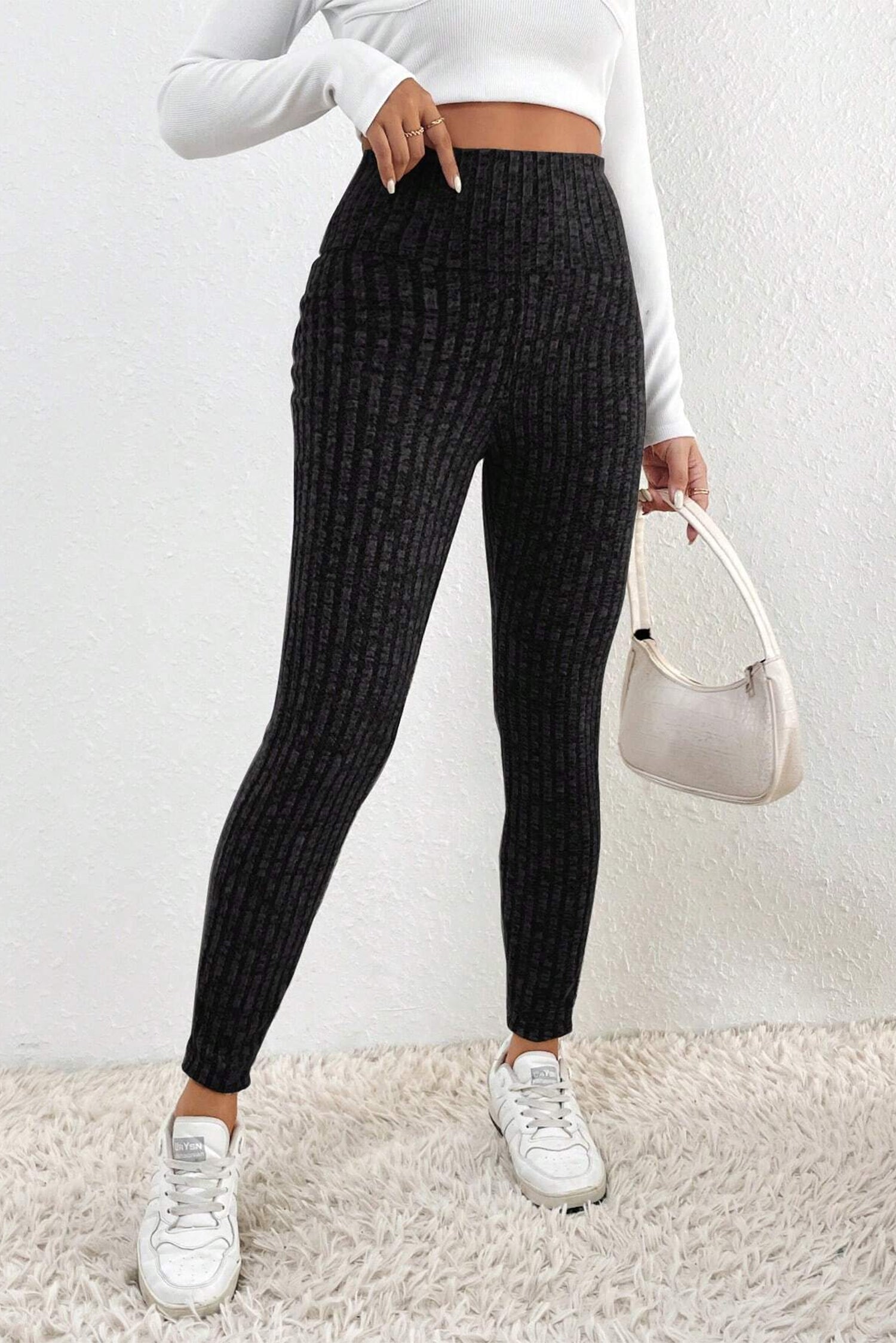 Black Wide Waistband Ribbed Textured Knit Leggings - SELFTRITSS   