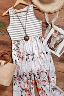 White Striped Floral Pocket Sleeveless Jumpsuit - SELFTRITSS
