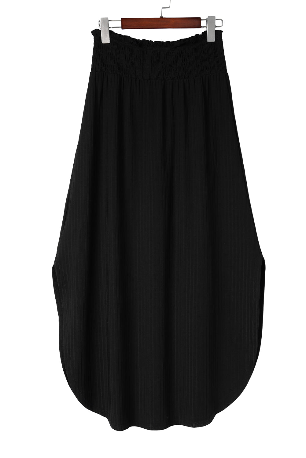 Black Smocked High Waist Maxi Skirt with Slit - SELFTRITSS