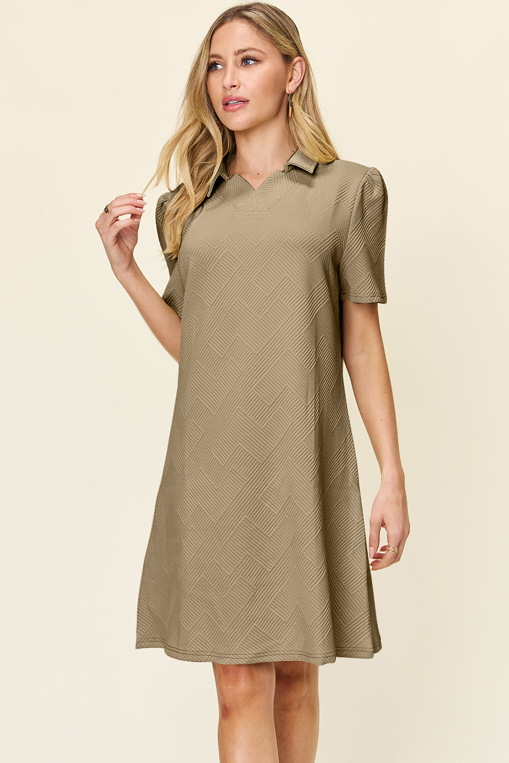 Double Take Full Size Texture Collared Neck Short Sleeve Dress - SELFTRITSS