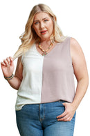 White Plus Size Colorblock V Neck Tank Top - SELFTRITSS