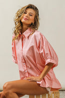 Button Up Striped Dolman Sleeve Shirt - SELFTRITSS   