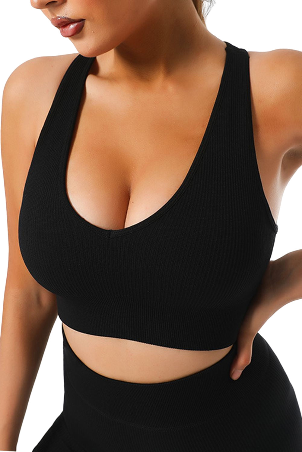 Black Ribbed U Neck Racer Back Sports Bra - SELFTRITSS