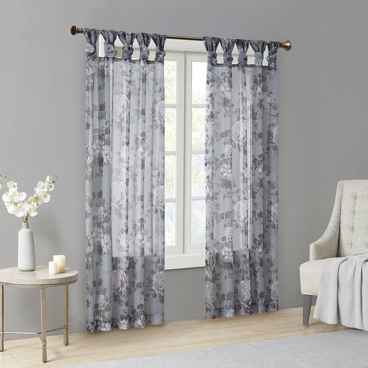 Floral Twist Tab Sheer Window Curtain, Grey 95"