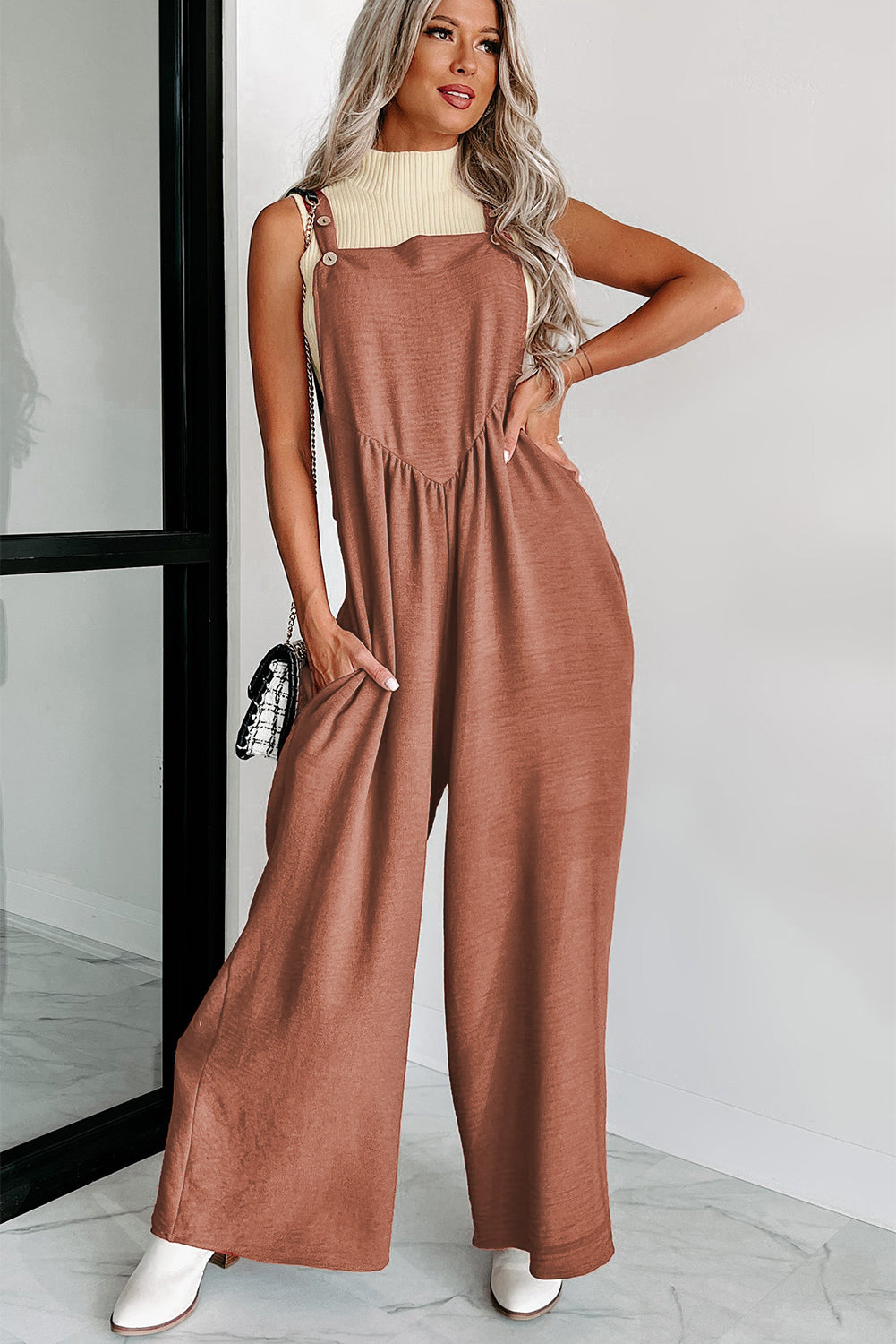 Gold Flame Textured Buttoned Straps Ruched Wide Leg Jumpsuit - SELFTRITSS   