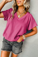 Bright Pink Crinkled V Neck Wide Sleeve T-shirt - SELFTRITSS