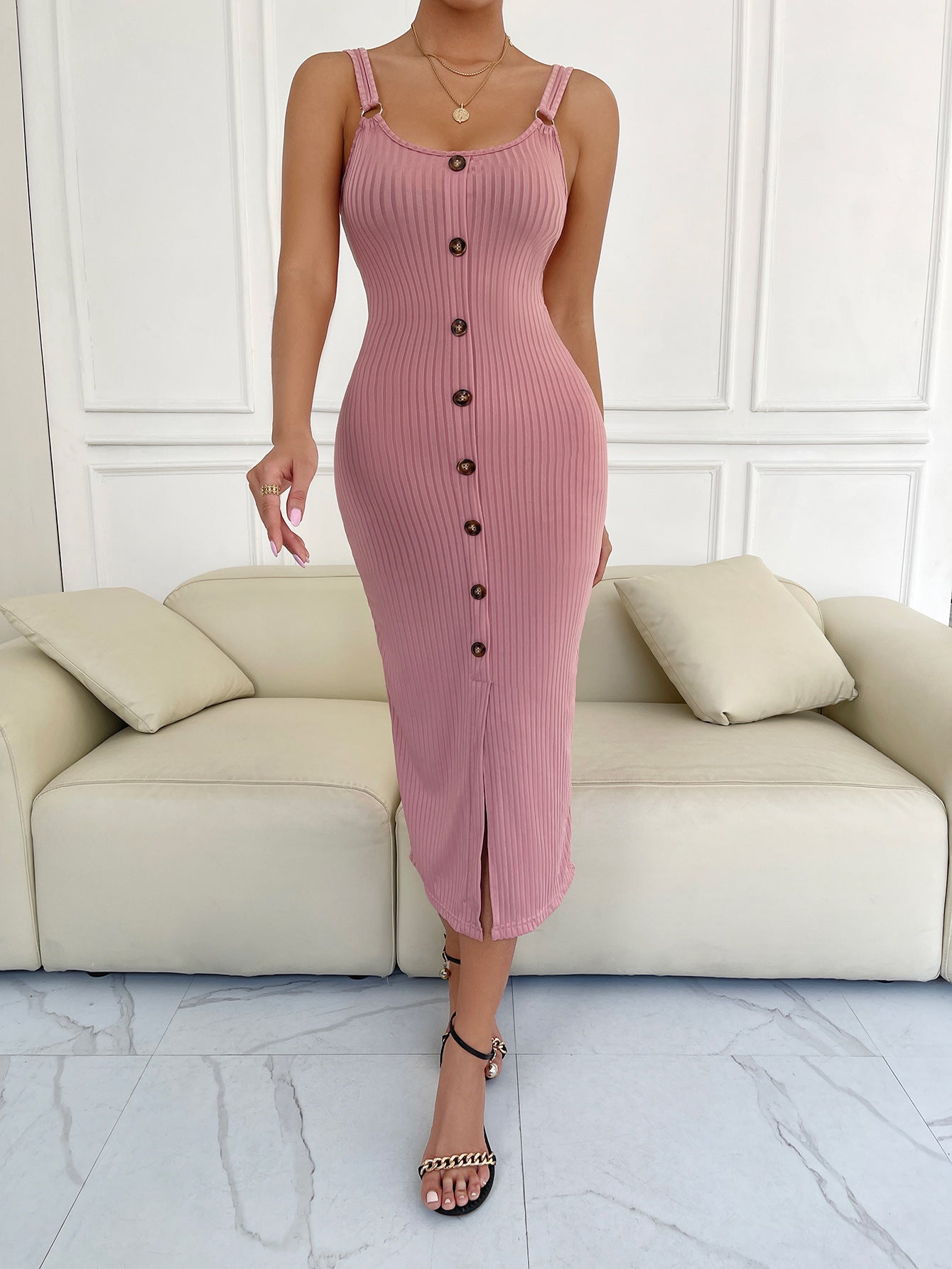 Decorative Button Slit Scoop Neck Sleeveless Dress - SELFTRITSS