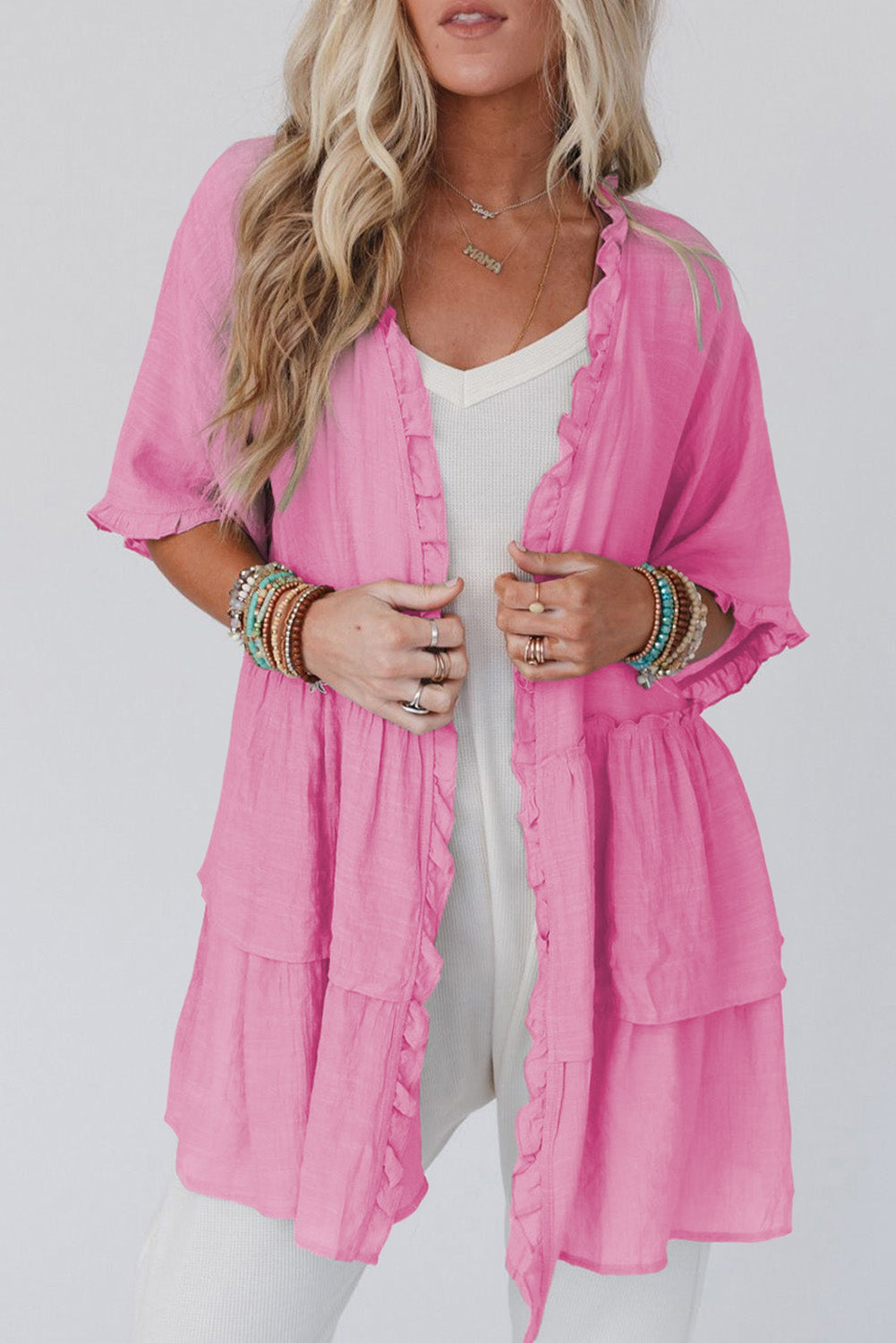 Pink Ruffled Trim Half Sleeve Open Front Kimono - SELFTRITSS