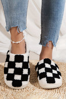 Black Checkered Print Fuzzy Slip On Winter Slippers - SELFTRITSS   