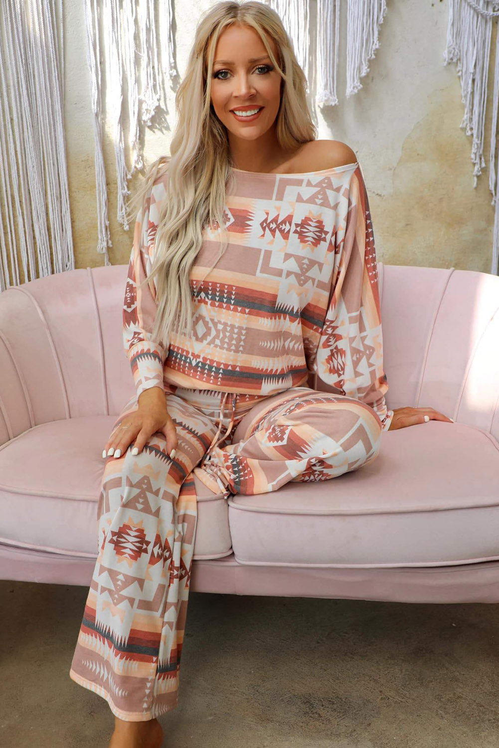 Multicolour Aztec Print Puff Sleeve Pullover and Pants Lounge Outfit - SELFTRITSS