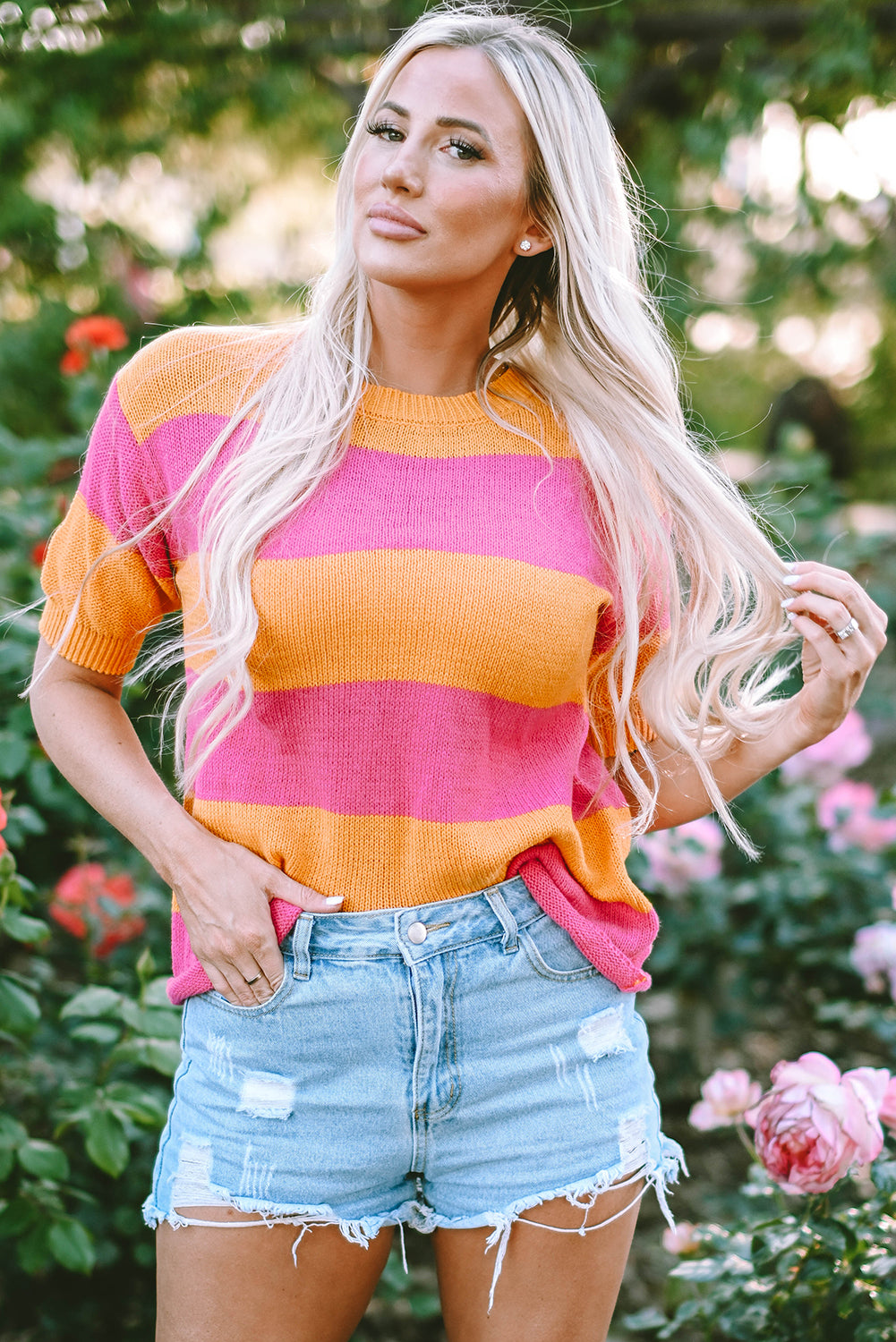 Orange Stripe Color Block Knitted T-shirt Sweater - SELFTRITSS   