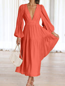 Deep V-Neck Balloon Sleeve Plain Maxi Dress - SELFTRITSS   