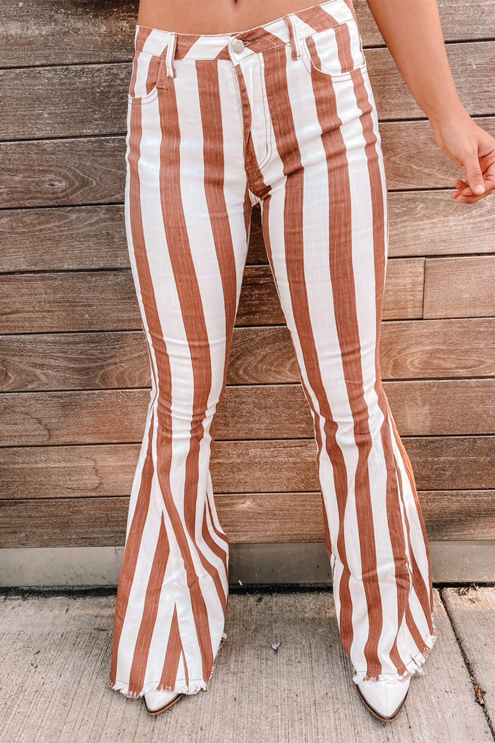 Brown Striped Fringe Bell Bottom Denim Pants - SELFTRITSS