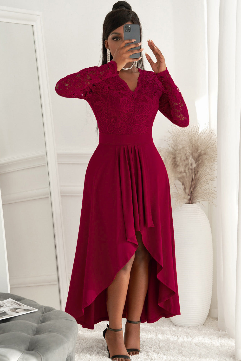 Lace High-Low V-Neck Dress - SELFTRITSS