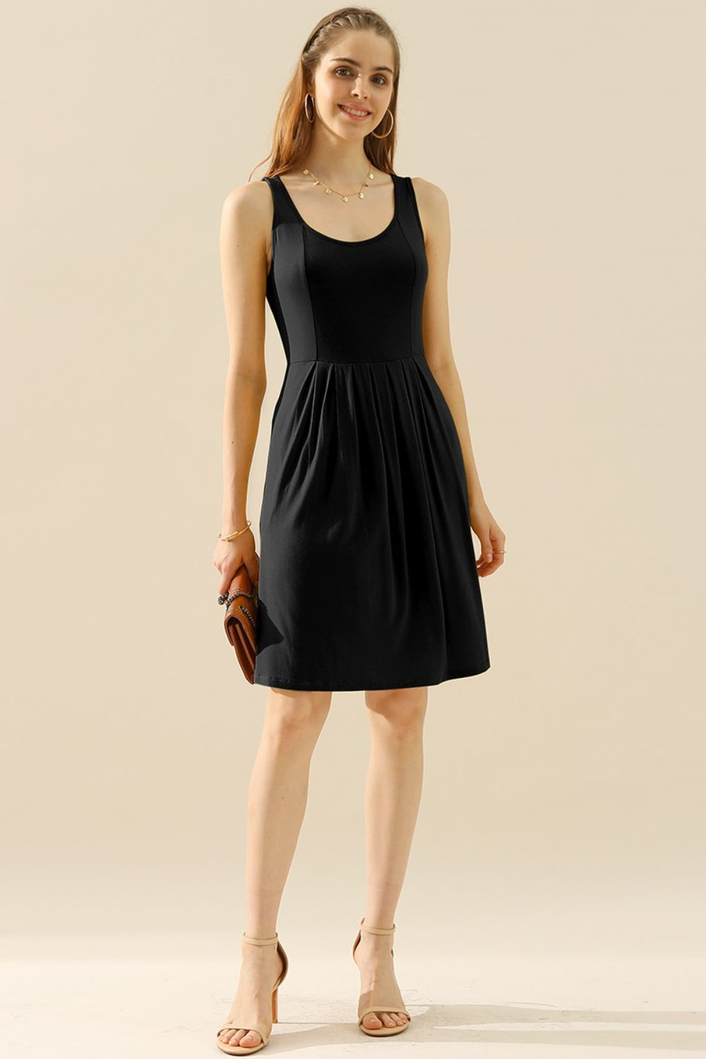 Doublju Full Size Round Neck Ruched Sleeveless Dress with Pockets - SELFTRITSS