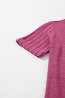 Bright Pink Ribbed Splicing Sleeve Round Neck T-shirt - SELFTRITSS