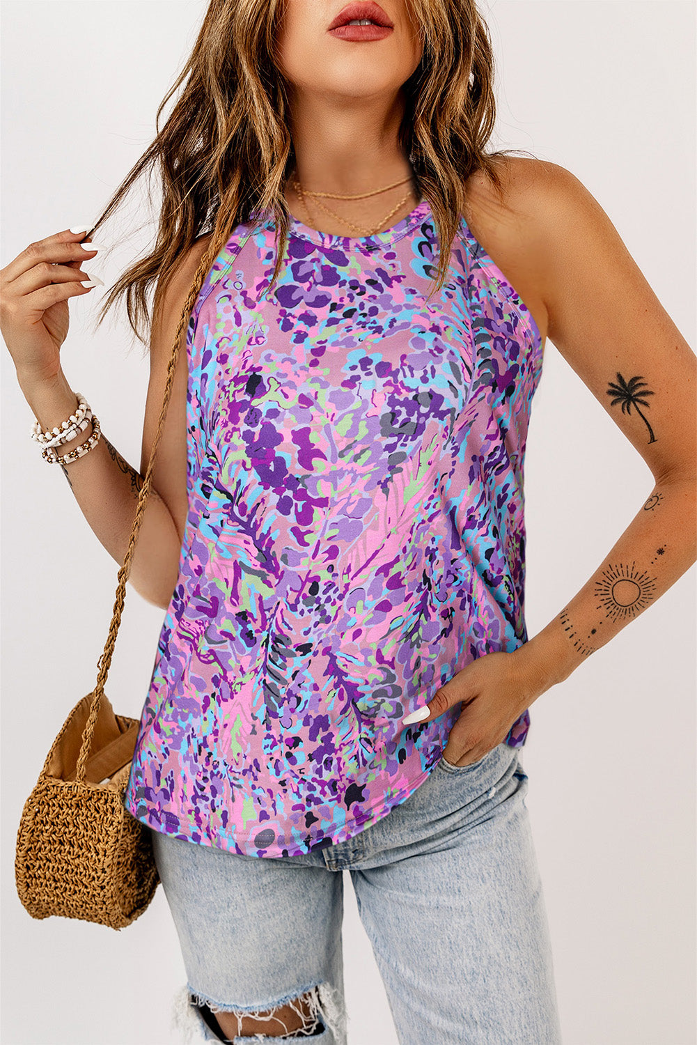 Multicolor Tropical Floral Print Racerback Tank Top - SELFTRITSS